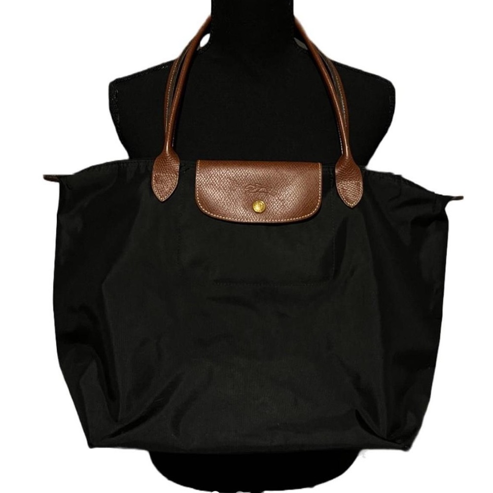 Longchamp Black Tote with Brown Leather Trim